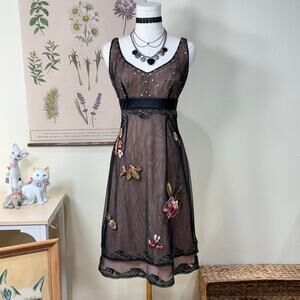 Vintage Pink Mesh Beaded Floral Dress Fairy Romantic Whimsigoth Dark Coquette 4